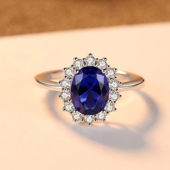 Luxurious Princess Diana Inspired Sapphire Engagement Ring in 925 Silver Band - Picture 2 of 4